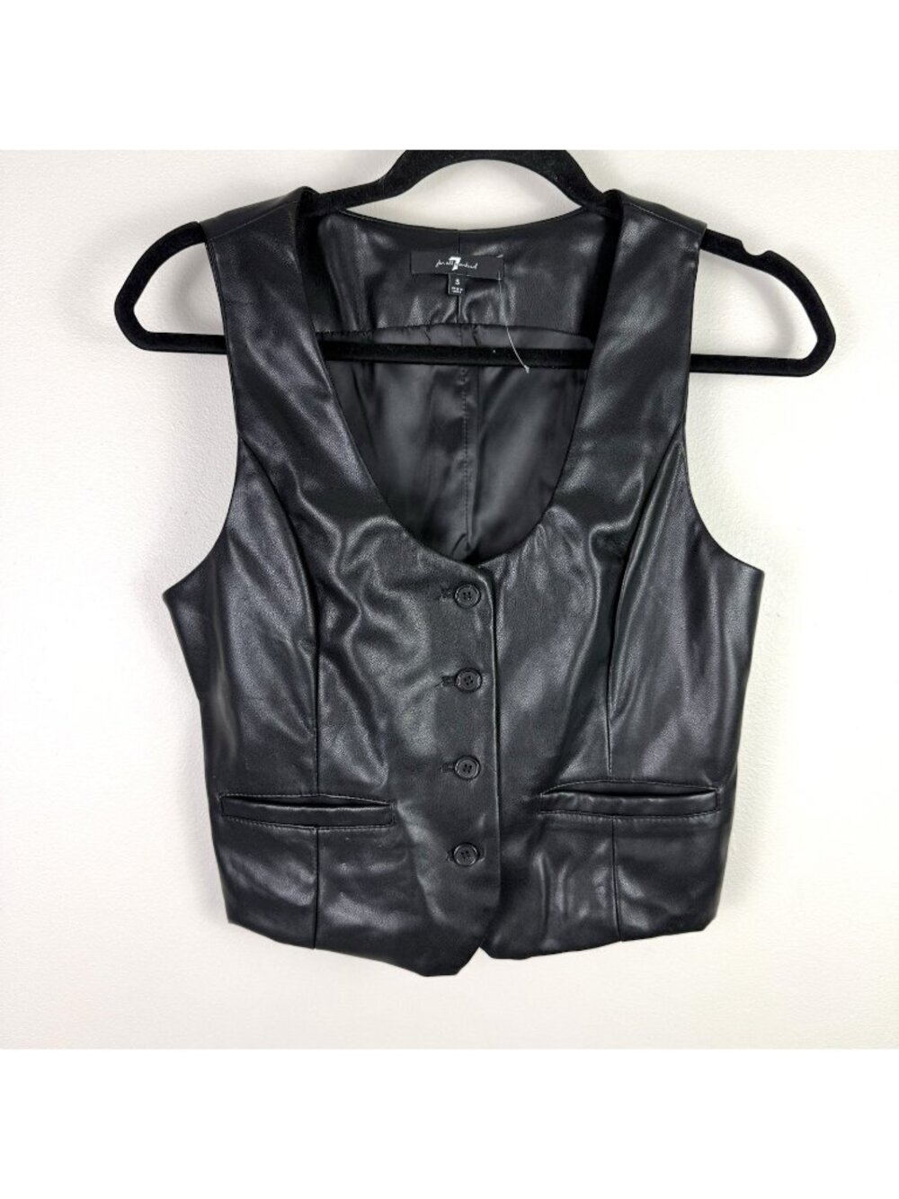 7 For All Mankind Faux Leather Vest Black Cropped Button Up Womens Small